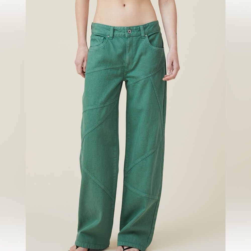 low straight green panel jean